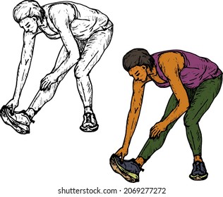 Woman athlete doing a static calf stretch by touching her feet. Hand drawn vector illustration.