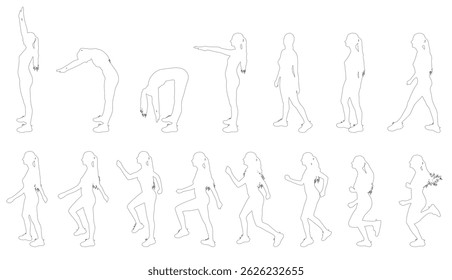 Woman athlete is  performing sequence of stretching exercises and running, from walking to sprinting. Set of contours. Vector illustration