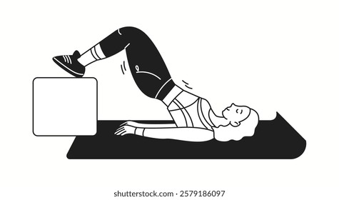 Woman athlete performs bridge exercise using box linear icon. Lady engages in fitness workout on mat doodle character doodle thin line illustration