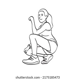 woman athlete runner resting after a long workout illustration vector hand drawn isolated on white background line art.