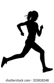 Woman athlete running race on white background