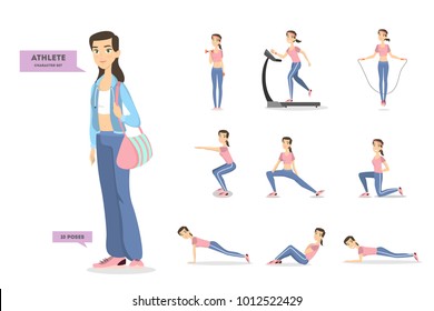Woman athlete set. Character in sportswear doing exercises.