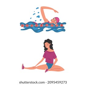 Woman Athlete Swimming in Pool and Stretching in Yoga Vector Set