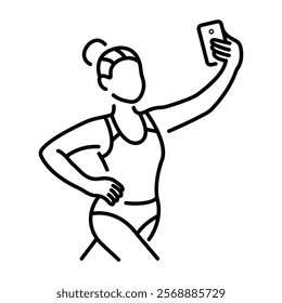 A woman athlete taking selfie with mobile, icon in line style 