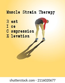 A woman athlete tend to her strained calf with the message: Muscle strain therapy, Rest, Ice, Compression, Elevation. Hand drawn vector illustration. 