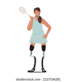 Woman Athlete Tennis Player with Legs Prosthesis, Amputee Girl Holding Racket. Disabled Paralympic Sportswoman Female Character Isolated on White Background. Cartoon People Vector Illustration