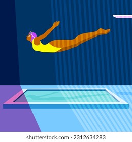 Woman athlete in yellow swimming suit jumping from diving platform into swimming pool. Diver flying in the sport compettition.