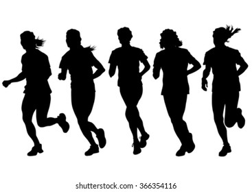Woman athletes on running race on white background