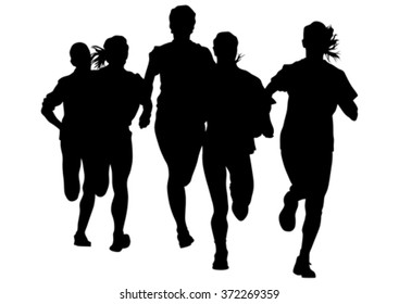 Woman athletes on running race on white background