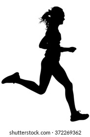 Woman athletes on running race on white background
