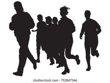 Woman athletes on running race on white background