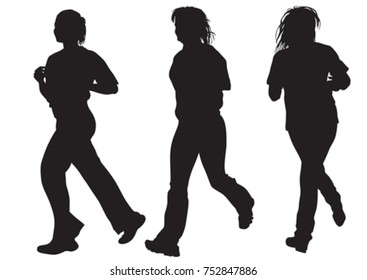 Woman athletes on running race on white background