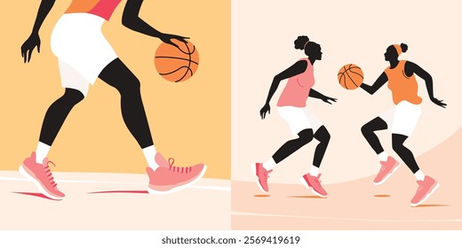 Woman athletes play basketball. Players competitors rivals fighting for ball, jumping up at sports tournament, international competition. Flat graphic vector illustration posters