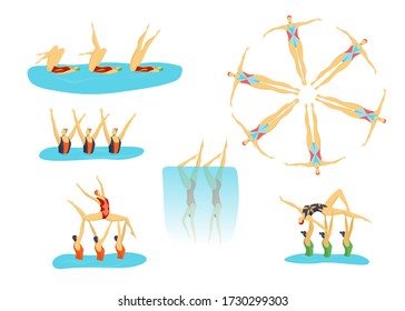 Woman athletes synchronised swimming in group, swimmers girls sport set of isolated flat cartoon vector illustrations. Girls swim team, diving and exercises in water pool fitness.