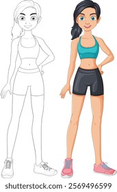 Woman in athletic wear, colored and outlined versions