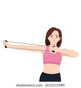 Woman in athletic wear performs a resistance band stretch. Flat vector illustration isolated on white background