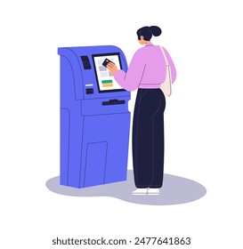 Woman at ATM with bank credit card in hand. Customer at automated teller machine, self-service terminal for money withdrawal and payment. Flat vector illustration isolated on white background