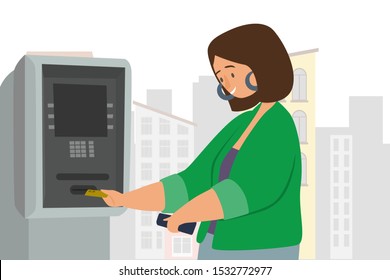 Woman At Atm Makes A Payment Or Withdrawal Flat Vector Illustration. Deposit, Dialing Pin Code, Financial Transactions Using ATM Concept. The Girl In The City Inserts A Card Into The ATM