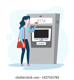 Woman at the ATM. Withdraw cash from machine, making payment and other financial operations. Automatic transaction through credit card. Vector illustration in cartoon style