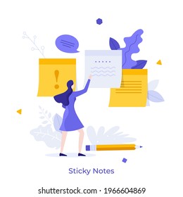 Woman attaching paper sticky notes to surface. Concept of adhesive written notification, information message, comment, reminder for work. Modern flat colorful vector illustration for banner, poster.