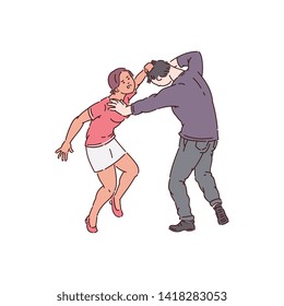 Woman attacking a man, hair pulling and bullying by female abuser, physical conflict between husband and wife, isolated vector illustration on white background