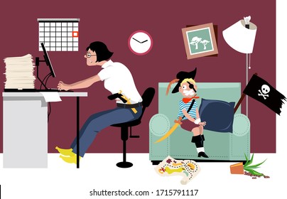 Woman attempting working from home while her mischievous kid in a pirate costume sitting on a chair, disarmed and silenced, EPS 8 vector illustration