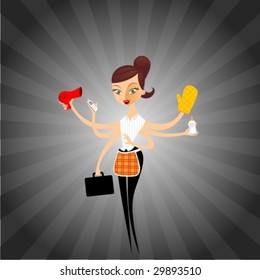 Woman attending many tasks. Vector cartoon style.