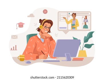 Mujer asistiendo a webinars en línea escuchando al profesor y completando tareas. Calificación del trabajo vectorial y mejora de habilidades, educación y obtención de conocimientos, estudiantes en clases en casa. Dibujo plano