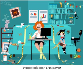 Woman attending a work video conference in a messy room with a kid tied up on a couch, yellow tape sets work place boundaries, EPS 8 vector illustration