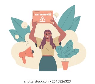 Woman with attention sign. Young girl with red poster in her hands and inscription warning. Advertising and promotion on Internet. Flat vector illustration isolated on white background