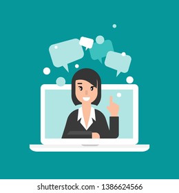 Woman attorney on computer screen with speech bubbles. flat vector illustration on blue background. Law consulting, juridical help online. Lawyer advice in internet. legal proceedings