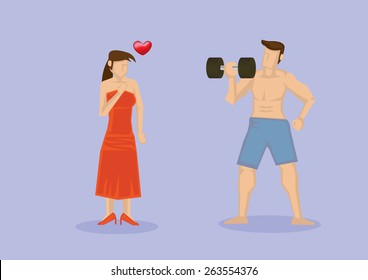 Woman attracted to strong man with muscular torso working out with dumbbell. Vector illustration isolated on pale purple background.
