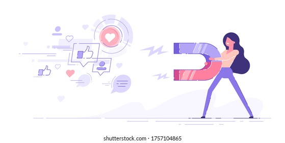 Woman attracting likes signs, comments and followers with a huge magnet. Social media marketing concept. Modern vector illustration.