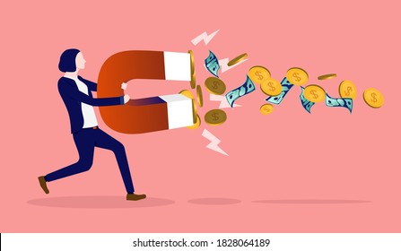 Woman attracting money - Female person holding a powerful magnet attracting cash, coins and dollar bills. Financial success, growth and earning money concept. Vector illustration.