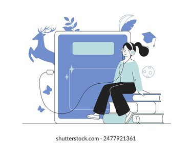 Woman with audio book. Young girl sits on stack of books with headphones on. Love of literature, online library. Teenager listening to audio files in earphones. Linear flat vector illustration