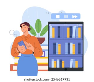 Mujer con audiolibro. Chica joven cerca de pila de libros y tableta con estanterías. Biblioteca digital en línea. Amor por la lectura y la literatura. Conocimiento e información. Ilustración vectorial plana