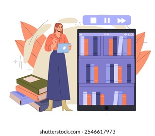 Mujer con audiolibro. Chica joven cerca de pila de libros y tableta con estanterías. Biblioteca digital en línea. Amor por la lectura y la literatura. Ilustración vectorial plana aislada sobre fondo blanco