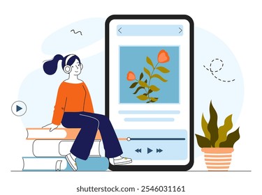 Woman with audio guide. Girl in headphones near smartphone with pictures. Information about art objects. Cultural recreation and leisure. Online exhibition and gallery. Linear vector illustration