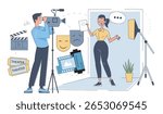 A woman auditions in front of a camera operator on a film set, surrounded by theater masks, film reels, and props, on a white background. Concept of filmmaking. Vector illustration