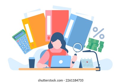 Woman audits company documents with review of financial statements. Worker studies business papers with magnifier. Corporate finance data auditing. Employees paperwork