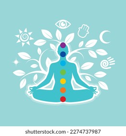 Woman with aura sitting in yoga pose vector illustration. Meditating person with chakras graphic design element. Esoteric and sacred symbol icon set. Spiritual yoga woman and tree of life vector