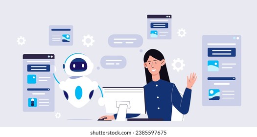 Woman with automated software concept. Yopung girl near bot and corporate servers. Modern technologies and innovations. Artificial intelligence and machine learning. Cartoon flat vector illustration