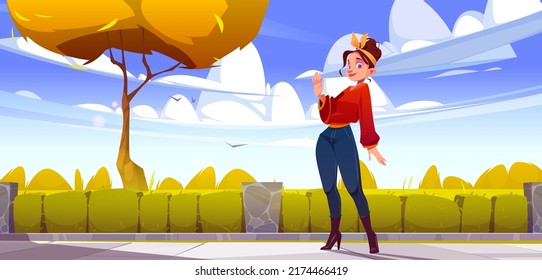 Woman in autumn city park waving hand in greeting gesture. Female character say hello standing on street with hedge fencing and orange tree, park in fall view background, Cartoon vector illustration