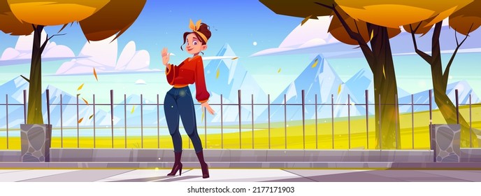 Woman in autumn city park waving hand in greeting gesture. Female character say hello standing on street with metal fencing and orange trees on mountains view background, Cartoon vector illustration