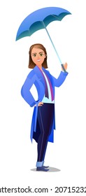 Woman in an autumn cloak. Girl in warm clothes for rain. Cheerful person. Standing pose. Cartoon comic style flat design. Single character. Illustration isolated on white background. Vector