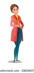 Woman in an autumn cloak. Girl in warm clothes for rain. Cheerful person. Standing pose. Cartoon comic style flat design. Single character. Illustration isolated on white background. Vector.