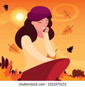 Woman in autumn design, season nature ornament garden decoration and botany theme Vector illustration