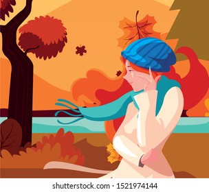 Woman in autumn design, season nature ornament garden decoration and botany theme Vector illustration