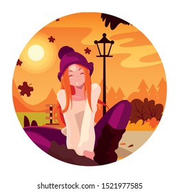 Woman in autumn design, season nature ornament garden decoration and botany theme Vector illustration