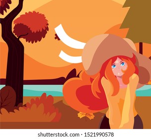 Woman in autumn design, season nature ornament garden decoration and botany theme Vector illustration